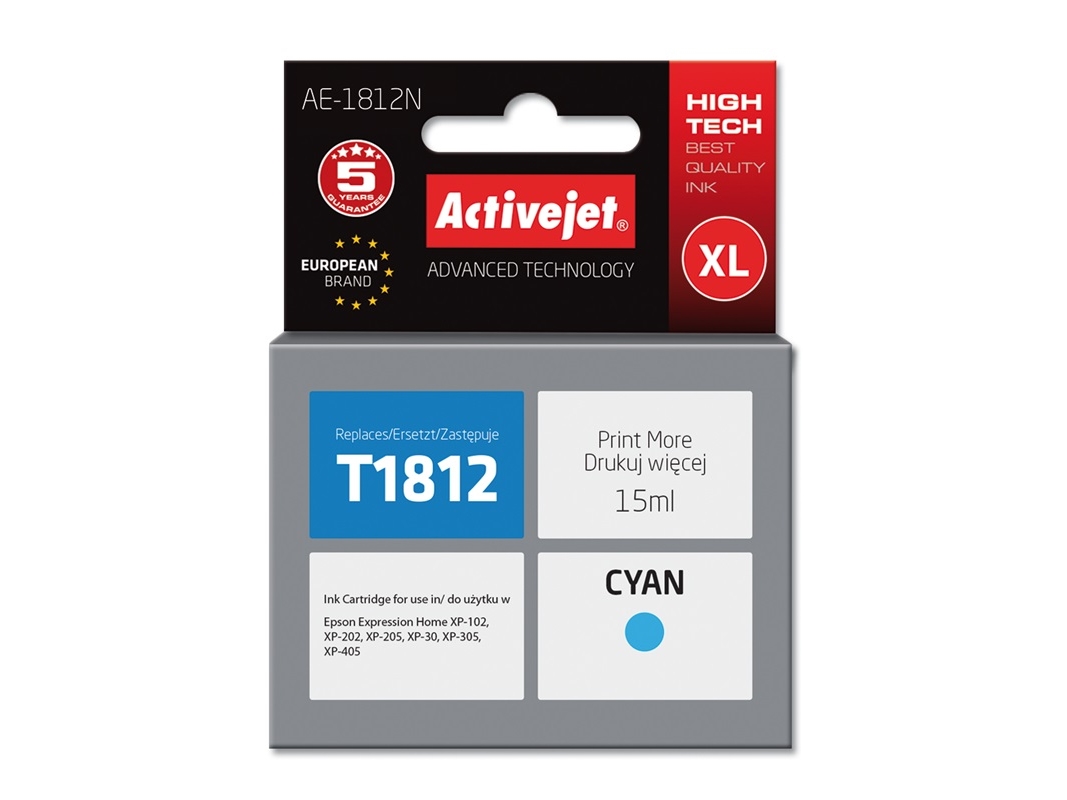 Activejet Ae-1812N Blæk (Erstatning Epson 18Xl T1812 Supreme 15 Ml Blå), Højt (Xl) Udbytte, Farvebaseret Blæk, 15 Ml, 1 Stk, Enkelt Pakke