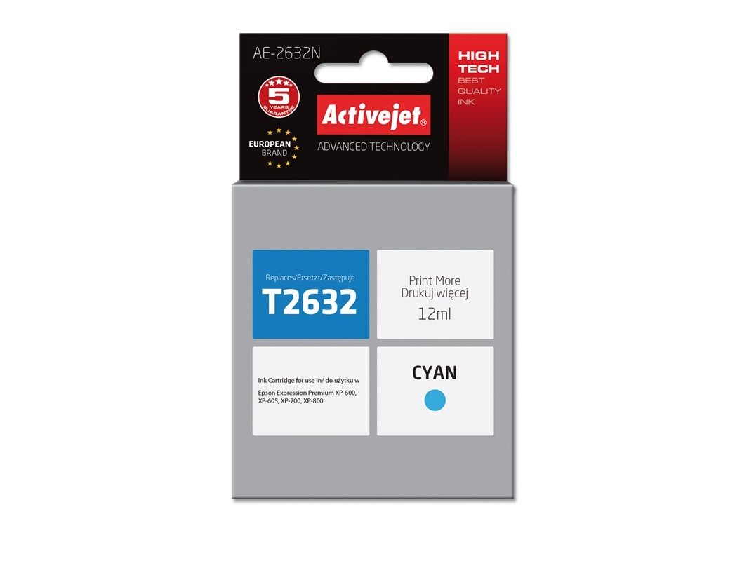 Activejet Ae-2632N Blæk (Erstatning Epson 26 T2632 Supreme 12 Ml Blå), Højt (Xl) Udbytte, Pigmentbaseret Blæk, 12 Ml, 1 Stk