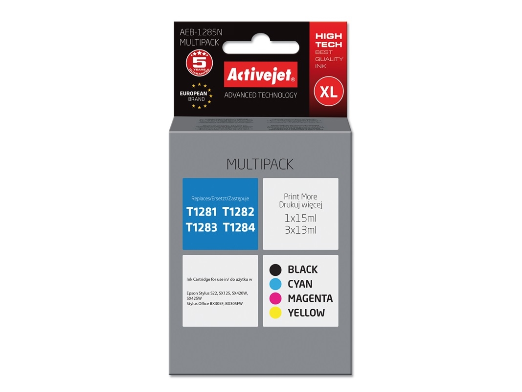Activejet Aeb-1285N Tintenpatrone (Ersatz Für Epson T1285 Höchste 1 X 15 Ml, 3 X 13 Ml Schwarz, Magenta, Cyan, Gelb), Hohe (Xl-) Ausbeute, Tinte Auf