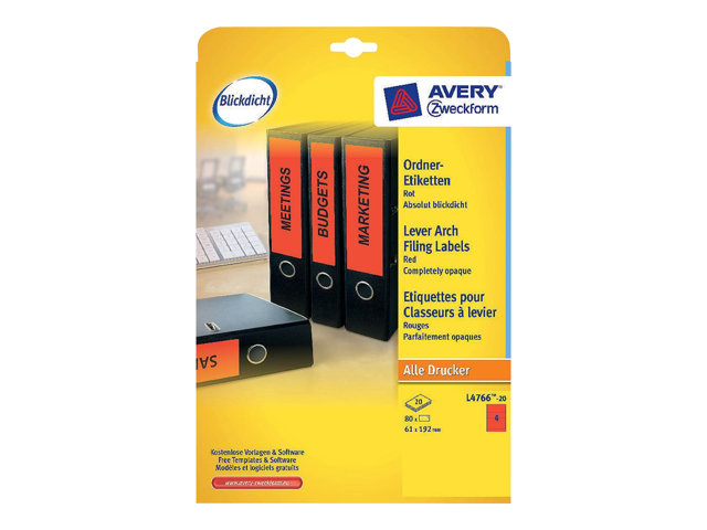 Avery L4766 - Rød - 61 x 192 mm 80 stk. (20 ark x 4) etiketter til filmapper