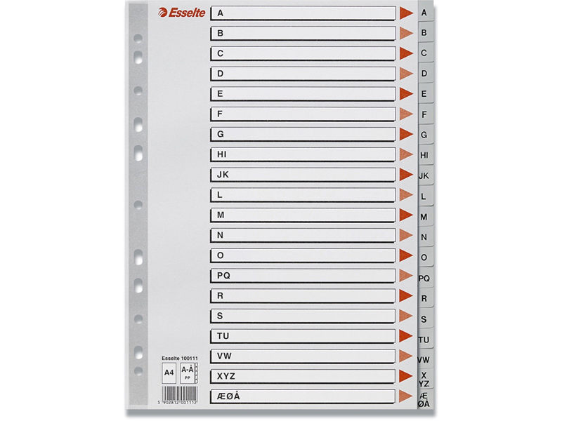 Esselte 100111, Kirjainvälilehti, Polypropeeni (PP), Harmaa, A4, 225 mm, 3 mm