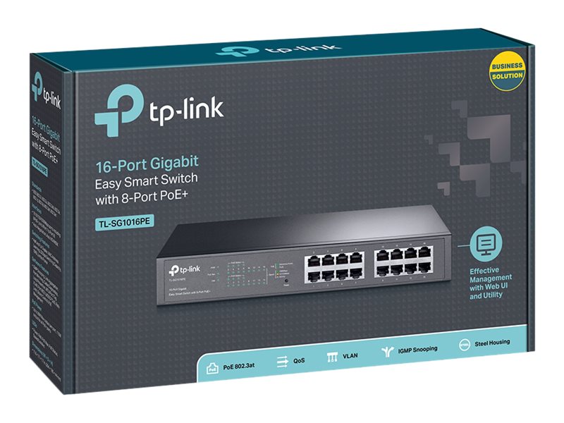 TP-Link TL-SG1016PE - Switch - smart - 8 x 10/100/1000 (PoE+) + 8 x 10/100/1000 - desktop, monterbar på stativ - PoE+ (110 W)