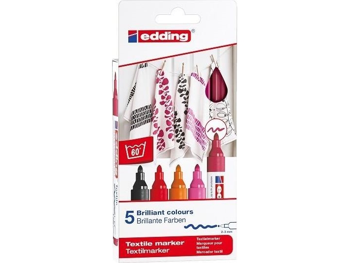Edding Textil Penne 5 stk. Varme Farver 2-3mm streg - tåler vask indtil 60 grader - fikseres inden 1 vask med strygejern
