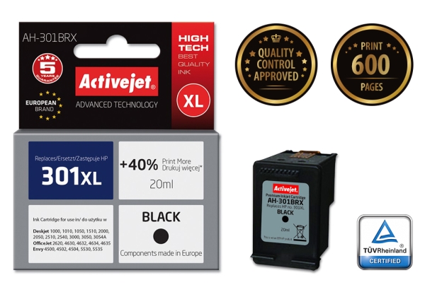 Activejet Ah-301Brx Tintenpatrone (Ersatz Für Hp 301Xl Ch563ee Prämie 20 Ml Schwarz), Hohe (Xl-) Ausbeute, Tinte Auf Pigmentbasis, 20 Ml, 670 Seiten,