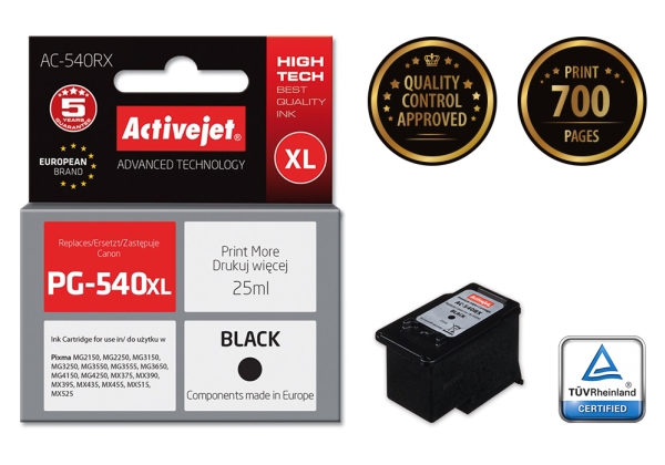 Activejet Ac-540Rx, Kompatibel, Pigmentbasierte Tinte, Schwarz, Canon, Canon Pixma: Mg2150, Mg2250, Mg3150, Mg3250, Mg3550, Mg3650, Mg4150, Mg4520, M