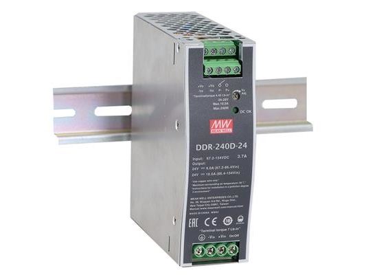 MEAN WELL DDR-240D-24, 67.2 - 154 V, 240 W, 24 V, 10 A, RoHS, 40 mm | EL Artiklar - Elcentral - Din-skena | GameStuff