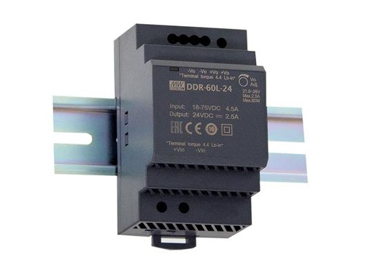 MEAN WELL DDR-60L-5, 18 - 75 V, 60 W, 5 V, 12 A, RoHS, 52,5 mm | EL Artiklar - Elcentral - Din-skena | GameStuff