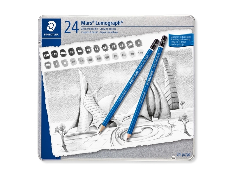 Blyant Staedtler Mars Lumograph Ass. Størrelser I Metalæske - (24 Stk.)