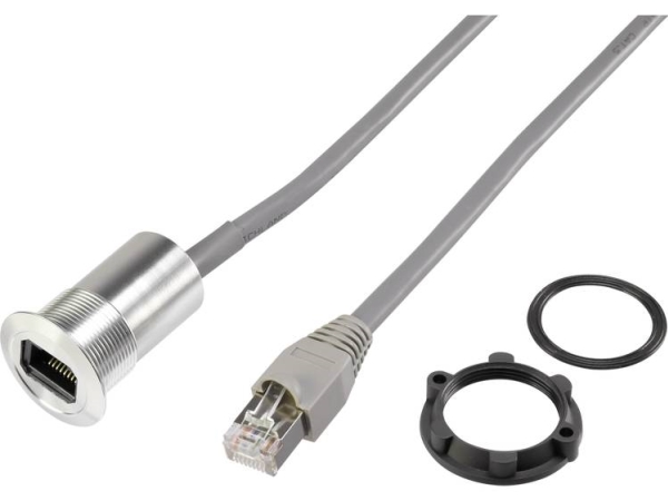 Tru Components Rj45 Chassis Stik, Kabel Længde 1.50M Rj45-03 Tilslutning, Indbygning, Stik, Lige Sølv 1 Stk