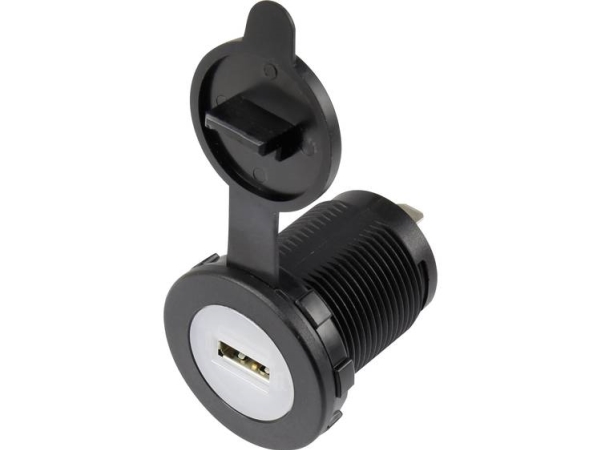Usb-Einbau-Buchse Mit Staubschutzkappe Vertikaler Einbau Runde Front Ø 36,8 Mm Blaue Beleuchtung Tru Components