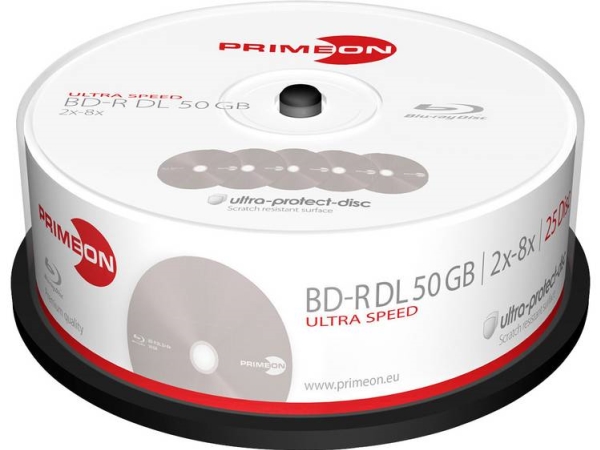 Primeon 2761318 Blu-Ray Bd-R Dl Disc 50 Gb 25 Stück Spindel Anti-Kratz-Beschichtung