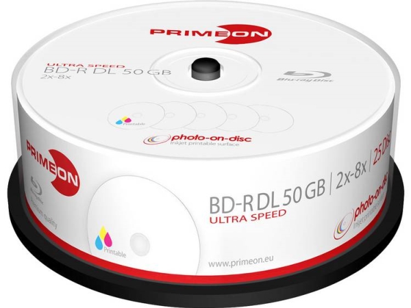Primeon 2761319 Blu-Ray Bd-R Dl Disc 50 Gb 25 Stück Spindel Bedruckbar