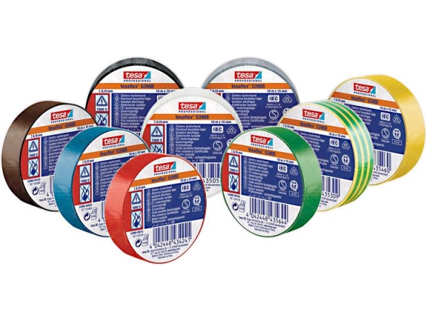 Tesa 53988-00135-00 Isoleringsbånd Tesa Professional Brun, Grøn, Gul, Hvid, Grå, Blå , Rød, Sort, Sort (L X B) 10 M X 15 Mm 10 Stk