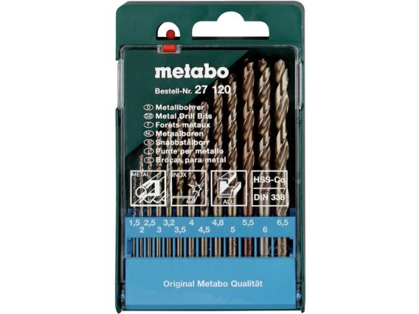 Metabo 627120000 Metal-Spiralbor-Sæt 13 Dele 1.5 Mm, 2 Mm, 2.5 Mm, 3 Mm, 3.2 Mm, 3.5 Mm, 4 Mm, 4.5 Mm, 4.8 Mm, 5 Mm, 5.5 Mm, 6 Mm, 6.5 Mm 1 Stk