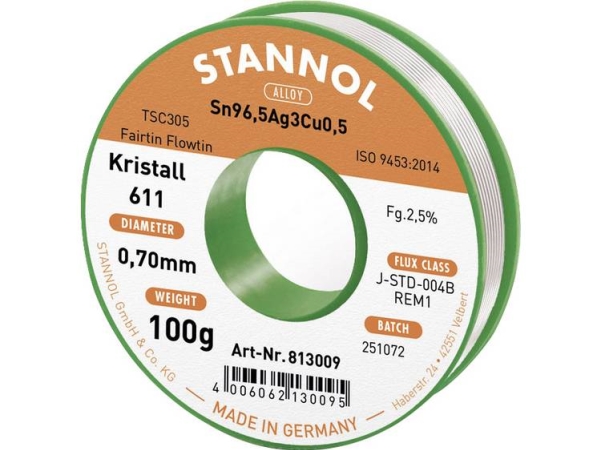 Lötzinn Sn96.5Ag3cu0.5 0,7 Mm 100 G Mit Flussmittel Stannol