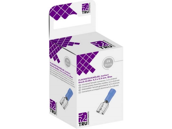 Tru Components T1904c039 Flachsteckhülsen-Sortiment Steckbreite: 6,30 Mm Steckdicke: 0,80 Mm 180° Teilisoliert Blau 25 Stk