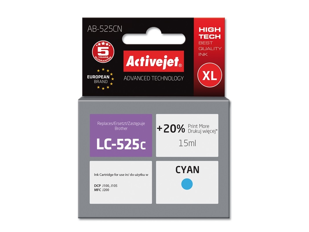 Activejet Ab-525Cn Blæk (Brother Lc525c Erstatning Supreme 15 Ml Blå), Højt (Xl) Udbytte, Farvebaseret Blæk, 15 Ml, 1 Stk, Enkelt Pakke