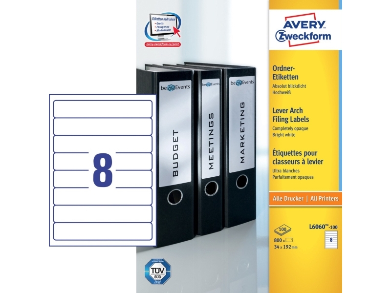 Avery L6060-100, Vit, Självhäftande skrivaretikett, A4, papper, Laser/bläckstråleskrivare, Permanent | Papper & Emballage - Taggar - Laseretiketter | GameStuff
