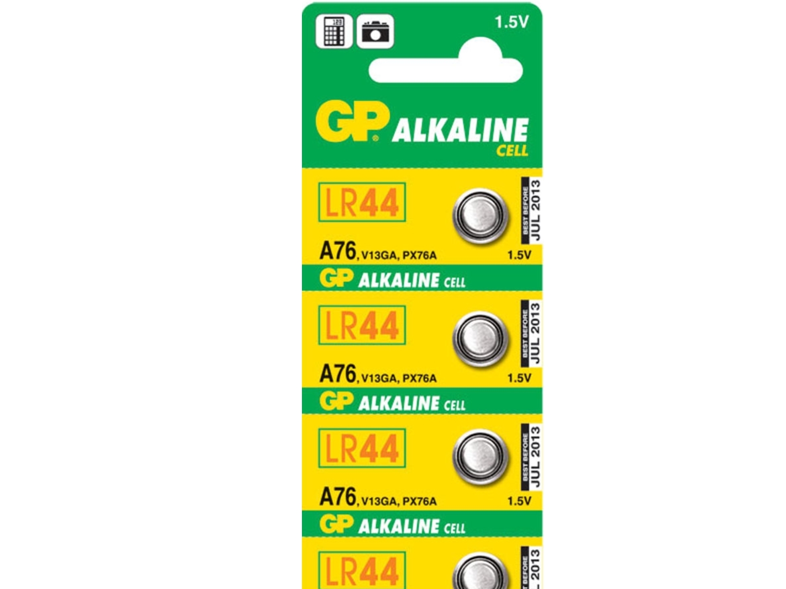 Gp Alkaline Cell Battery, Size Lr44/A76, 1.5V, 5-Pack