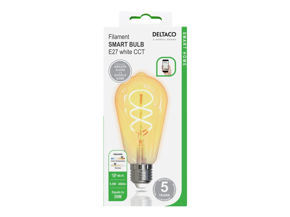 DELTACO SMART HOME - LED-glödlampa med filament - form: ST64 - E27 - 5.5 W (motsvarande 35 W) - klass G - vitt ljus - 1800-6500 K | Smarta hem - Smart belysning - E27 Smarta Lampor | GameStuff