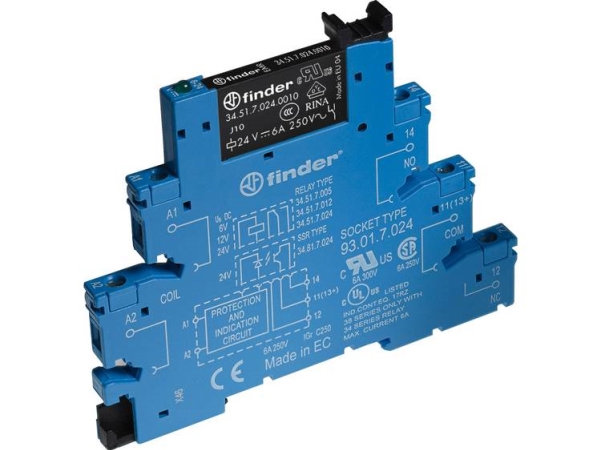 Finder 38.51.0.048.0060 Relækomponent Nominel Spænding: 48 V/Dc, 48 V/Ac Brydestrøm (Max.): 6 A 1 X Skiftekontakt Tray 1 Stk