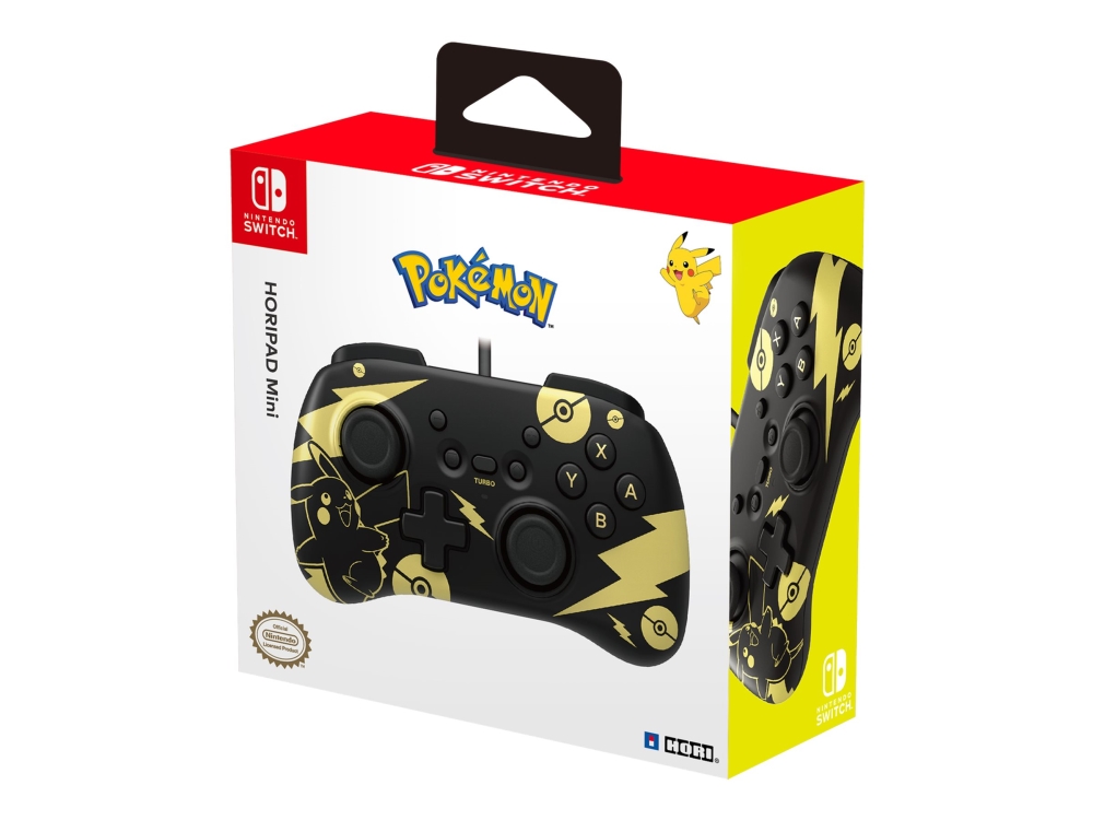 Hori Horipad Mini (Pokémon: Pikachu Black & Gold), Gamepad, Nintendo Switch, D-Pad, Home Button, Turbo-Taste, Kabelgebunden, Usb, Schwarz, Gold