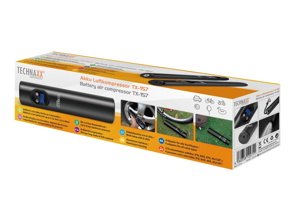 Technaxx 4906 Kompressor 8 Bar Aufbewahrungsbox/-Tasche, Digitalanzeige, Inkl. 1 Akku, Mit Arbeitsleuchte, Abschaltautomatik, 12 Und 230 V Aufladbar