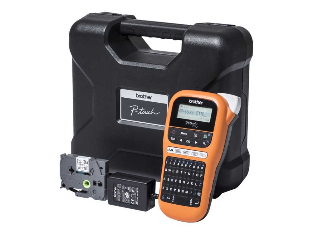 Brother P-Touch PT-E110VP - Etikettskrivare - svartvit - termisk överföring - Rulle (1,2 cm) - 180 dpi - upp till 20 mm/sek - kniv - tvåradig utskrift - svart, orange | Skrivare - Andra kontorsmaskiner - Labelskrivare | GameStuff
