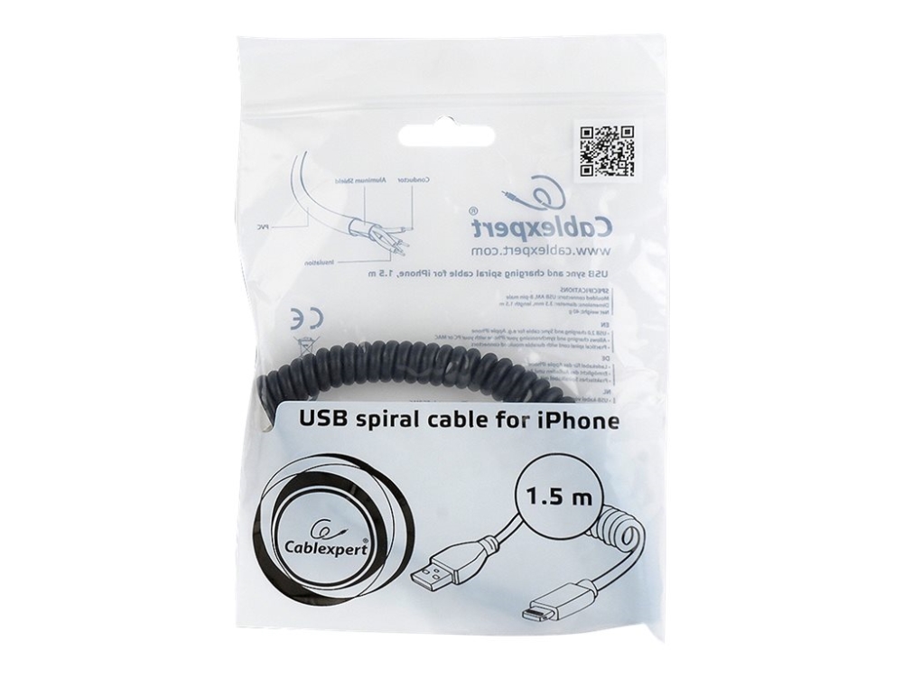 Cablexpert - Lightning-Kabel - Usb Han Til Lightning Han - 1.5 M - Afskærmet - Sort - Formet, Spiral