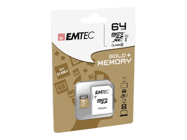 Emtec Gold+ - Flash-Speicherkarte (Sd-Adapter Enthalten) - 64 Gb - Klasse 10 - Microsd - Gold
