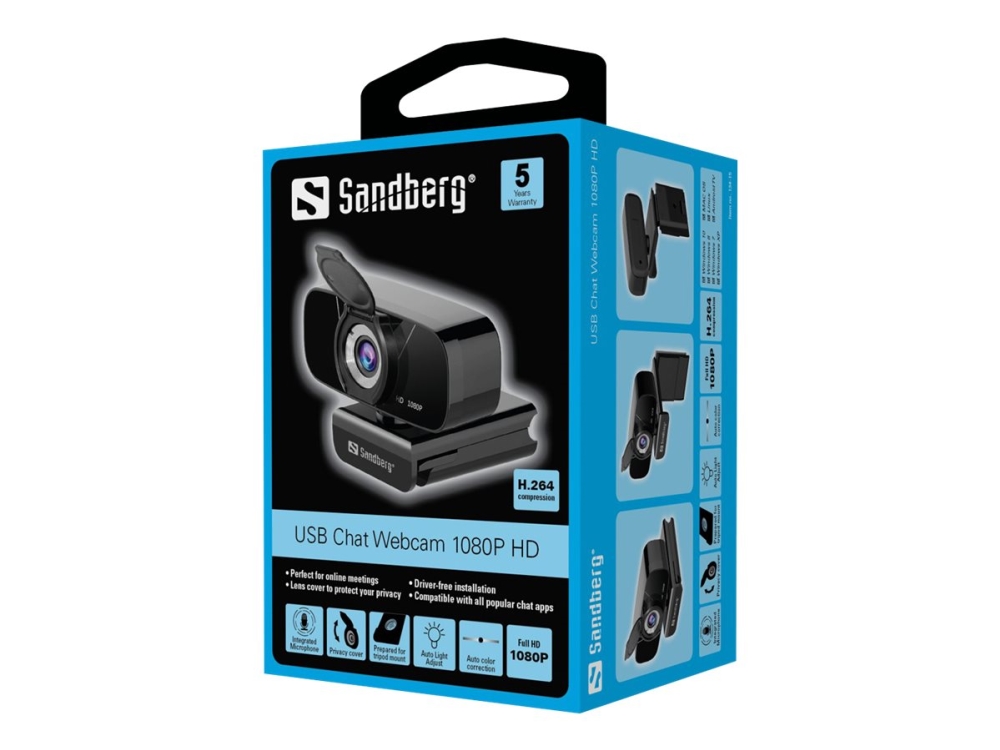 Sandberg USB Chat Webcam 1080P HD - Webcam - farve - 2 MP - 1920 x 1080 - 1080p - audio - USB 2.0 - MJPEG, H.264, YUV
