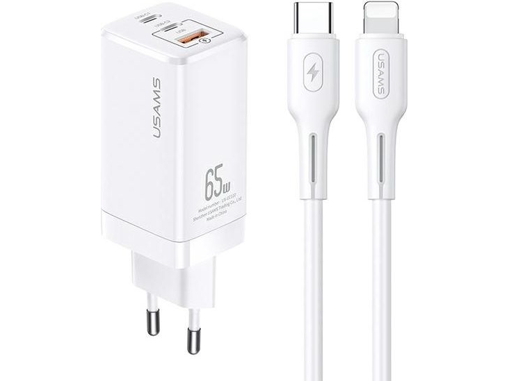 Usams Mt 2Xusb-C+Usb Gan 65W T33 Pd + Usb-C-Lightning 30W Schnellladekabel Weiß/Weiß Mtxlogtl02