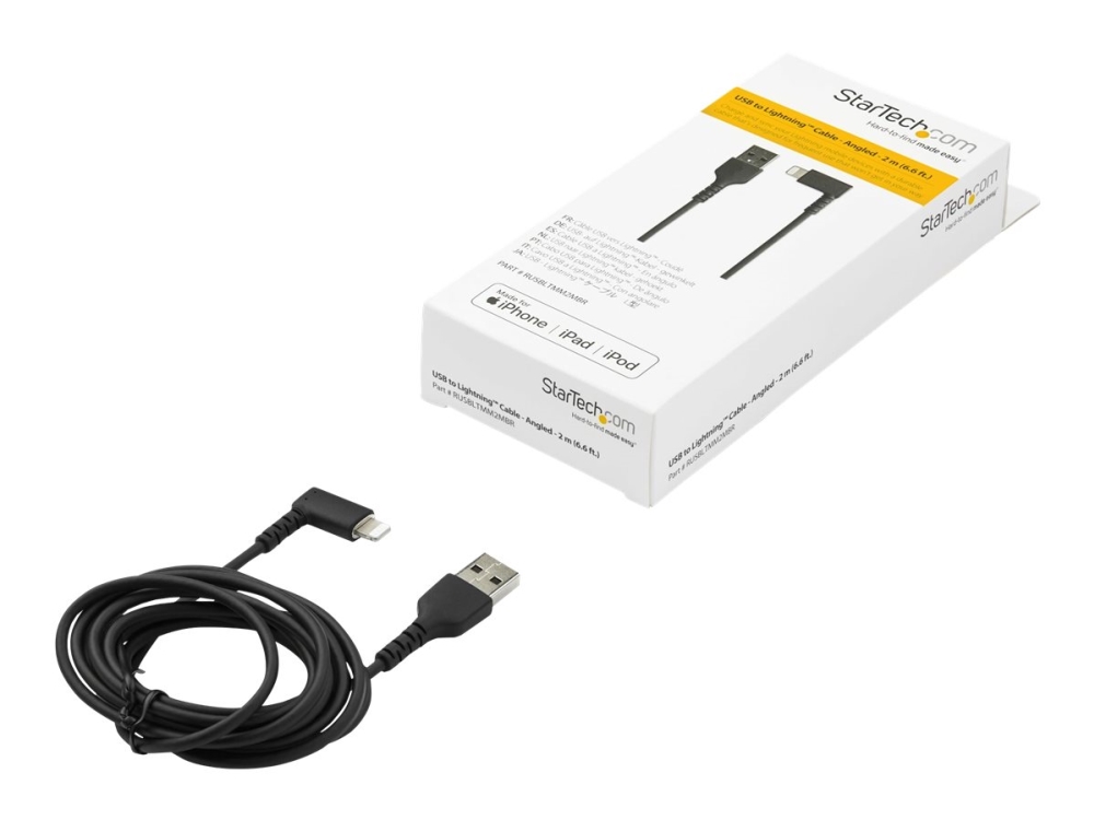 Startech 6ft (2m) Durable USB A to Lightning Cable, Black 90° Right Angled Heavy Duty Rugged Aramid Fiber USB Type A to Lightning Charging/Sync Cord, Apple MFi Certified, iPhone 12 Pro - iPhone 7/8/11/11 Pro - Lightning-kabel - Lightning han vinklet til USB han - 2 m - dobbelt afskærmet - sort