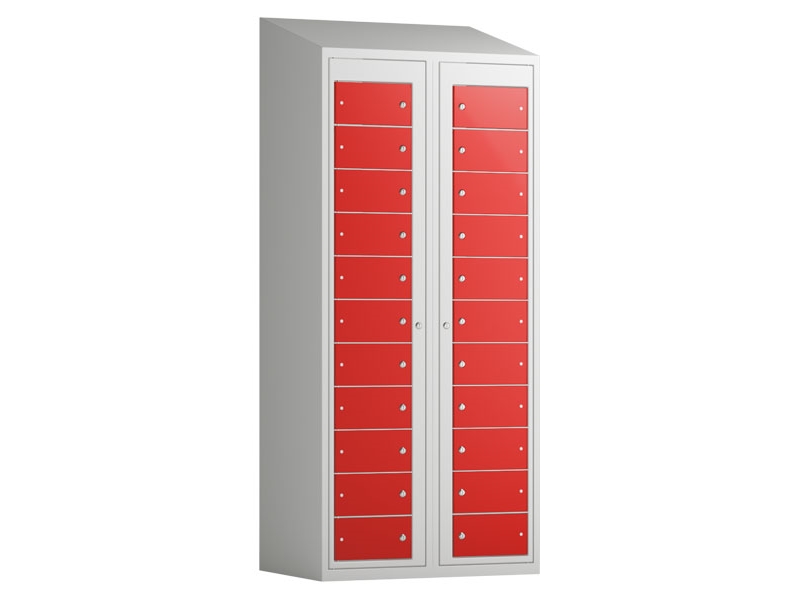 Kleidung-Delivery-Schrank 2X11 Fächer Mit Schrägem Dach Und Roten Türen Mit Griff Für Vorhängeschloss