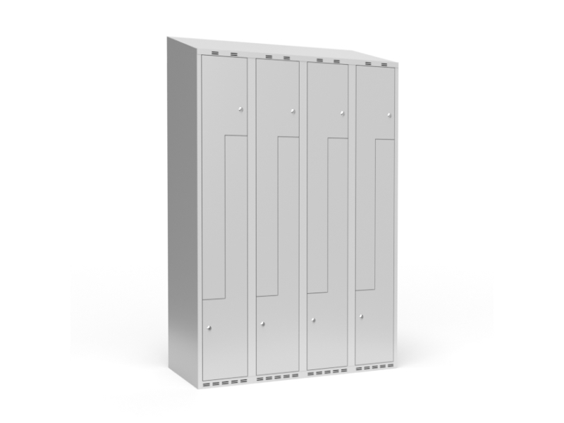 Vaatekaappi 4x300 mm Viisto katto 2-osainen pilari Z-ovi Sininen ovi Lukituskahva