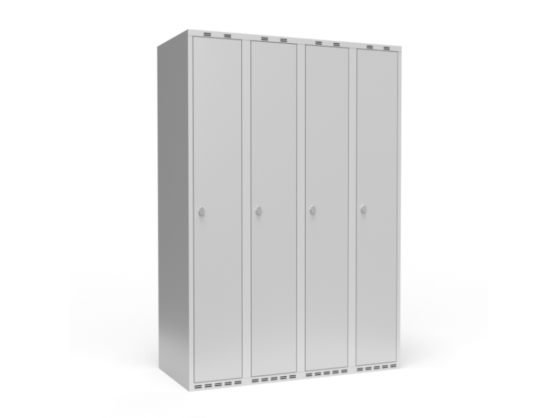 Garderobeskab 4x300 mm Lige tag Hel søjle Lys grå dør Cylinderlås