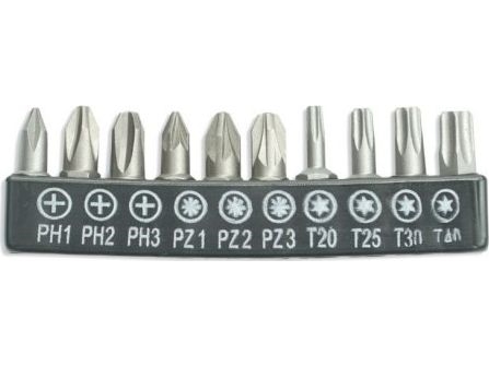 Dedra Bit Set 10 Pieces, 25Mm: Sl5.5,6.5, Ph1/2-2 Pieces, Pz1/2-2 Pieces (18A07s11)
