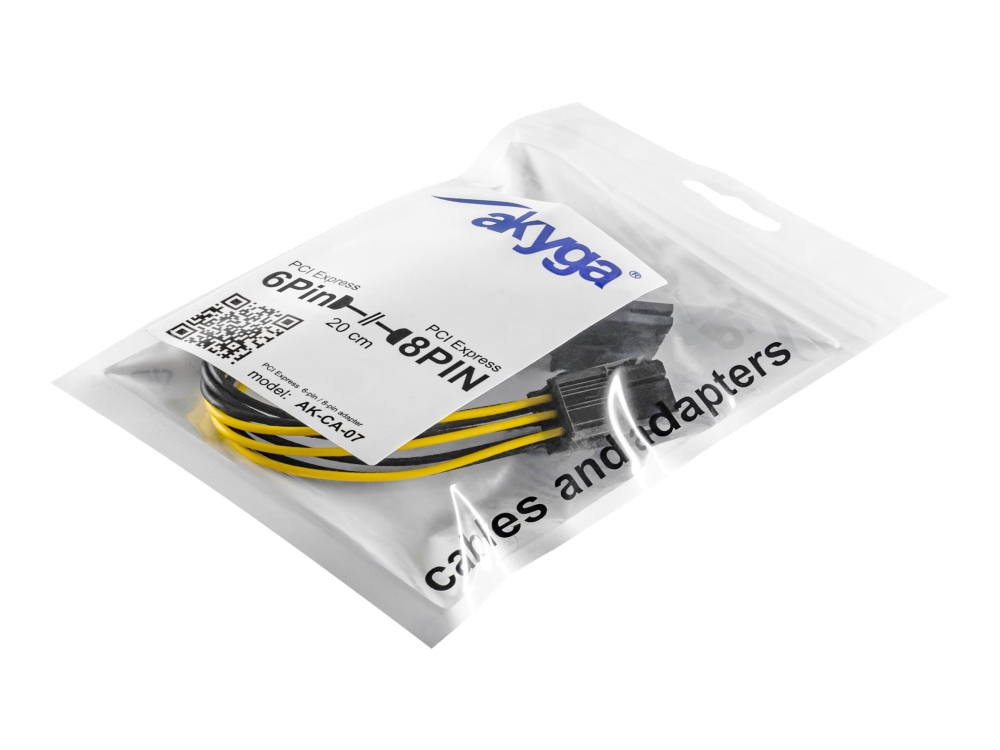 Akyga - Forlængerkabel til strøm - 8 pin PCIe-strøm (6+2) (han) til 6 pin PCIe-strøm (hun) - 20 cm