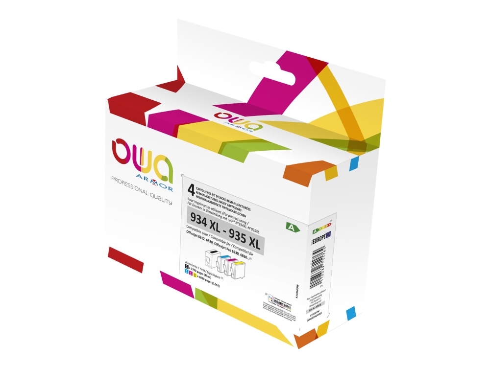 Owa - 4 Pakker - Sort, Gul, Cyan, Magenta - Kompatibel - Genproduceret - Blækpatron (Alternativ Til: Hp 934Xl, Hp 935Xl) - For Hp Officejet 6812, 681