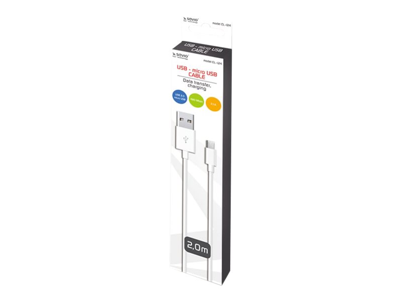 Savio Cl-124 - Usb-Kabel - Usb (Han) Til Micro-Usb Type B (Han) - Usb 2.0 - 2.1 A - 2 M - Hvid