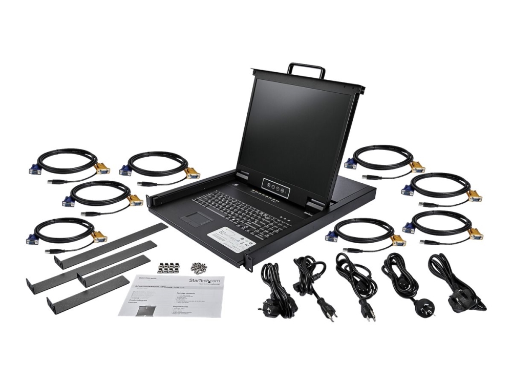 StarTech 8 Port Rackmount KVM Console with 6ft Cables, Integrated KVM Switch with 19 LCD Monitor, Fully Featured 1U LCD KVM Drawer- OSD KVM, Durable 50,000 MTBF, USB + VGA Support - 19in. LCD KVM Console (RKCONS1908K) - KVM-konsol med KVM switch - 8 porte - PS/2, USB - US - engelsk (QWERTY) - 19 - rackversion - 1280 x 1024 - 250 cd/m² - 1000:1 - VGA - sort - 1U