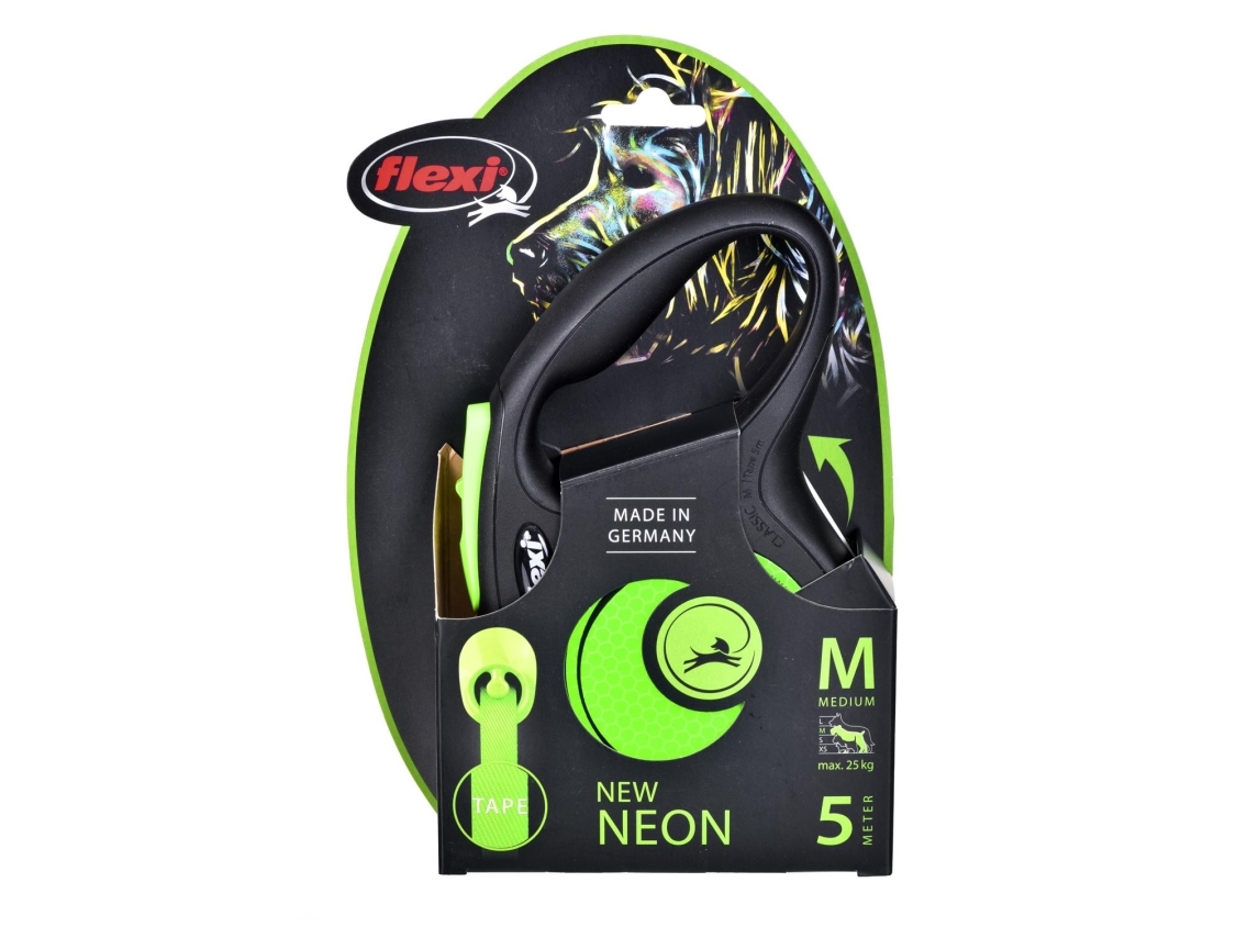 Flexi New Neon Bånd M, 5M, 25Kg, Black/Neon Grøn