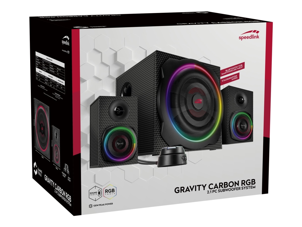 SPEEDLINK GRAVITY CARBON RGB - Högtalarsystem - för persondator - 2.1-kanals - trådlös - Bluetooth - 60 Watt (Total) | Spel - Bildskärmar & tillbehör - PC Högtalare | GameStuff