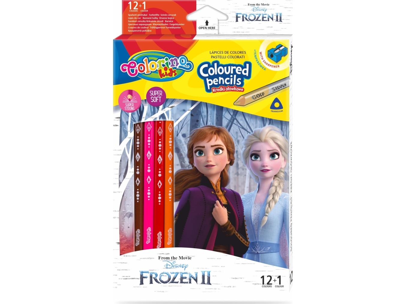 Triangular Pencils 12 Pieces 13 Colors + Sharpener Colorino Kids Frozen Kraina Lodu
