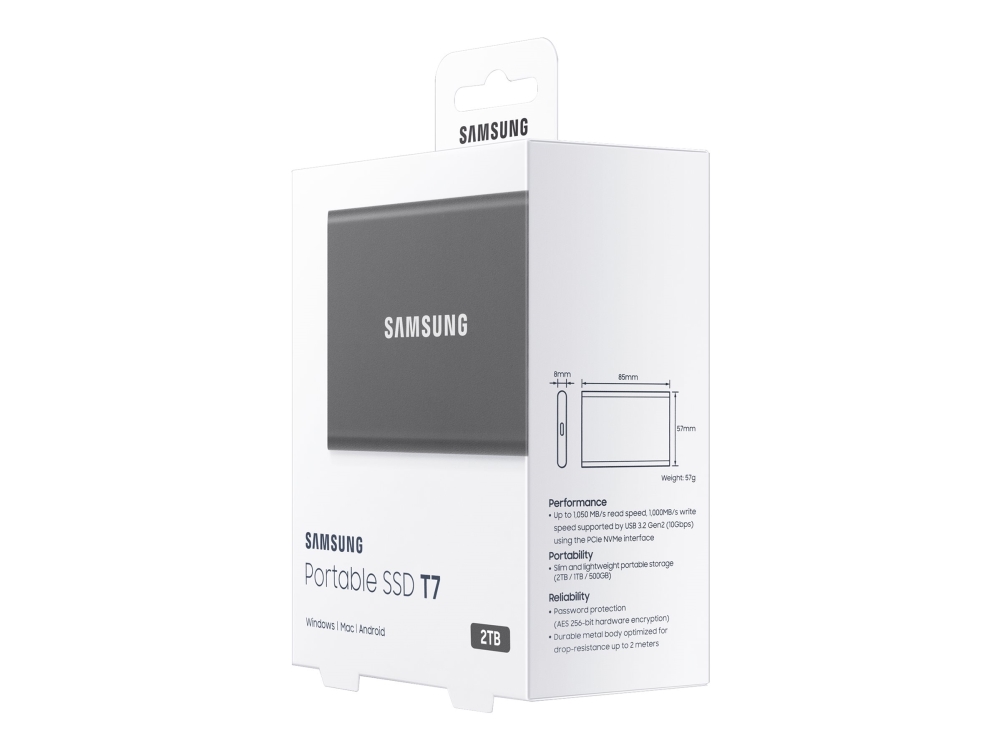 Samsung T7 MU-PC2T0T - SSD - krypteret - 2 TB - ekstern (bærbar) - USB 3.2 Gen 2 (USB-C stikforbindelse) - 256-bit AES - titan grå