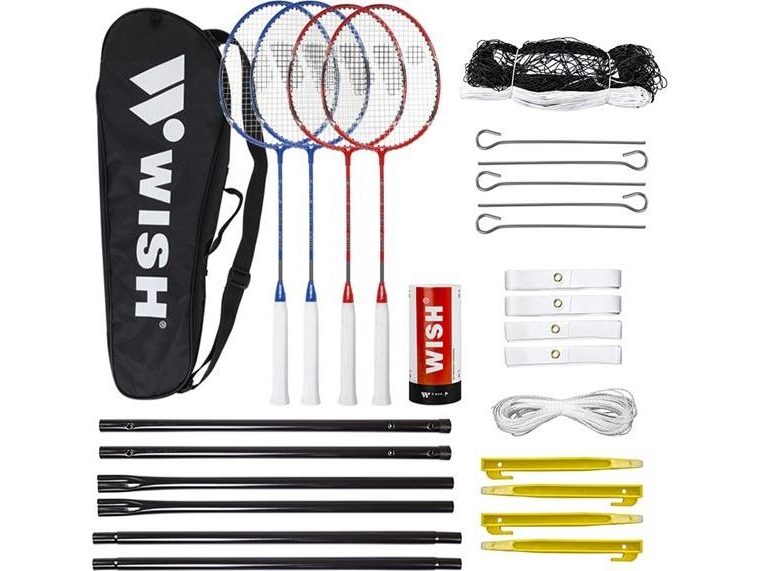 Wish Alumtec 5566 Badminton-Set Rot+Blau 4 Stk + Federn 3 Stk + Netz + Linien