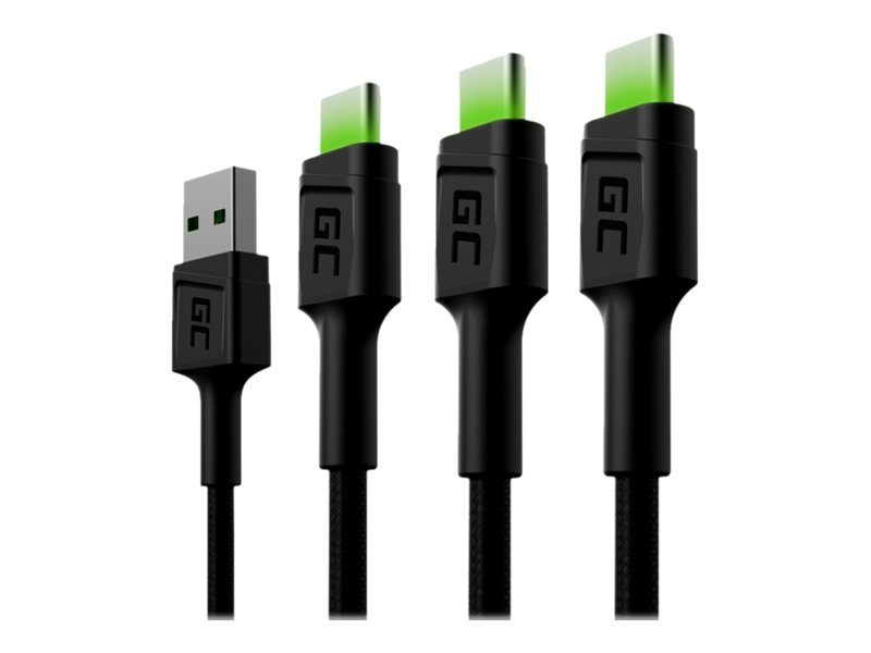Green Cell Usb Cable Set 3X Green Cell Gc Ray Usb-C 120Cm Cable With Green Led Backlight, Ultra Charge Fast Charging, Qc 3.0