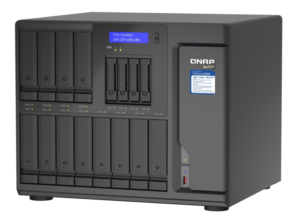 QNAP TVS-H1688X - NAS-server - 16 bays - SATA 6Gb/s - RAID 0, 1, 5, 6, 10, 50, JBOD, 5 hot spare, 6 hot spare, 60, 10 hot reserve, RAID TP - RAM 32 GB - Gigabit Ethernet / 2.5 Gigabit Ethernet / 10 Gigabit Ethernet - iSCSI support