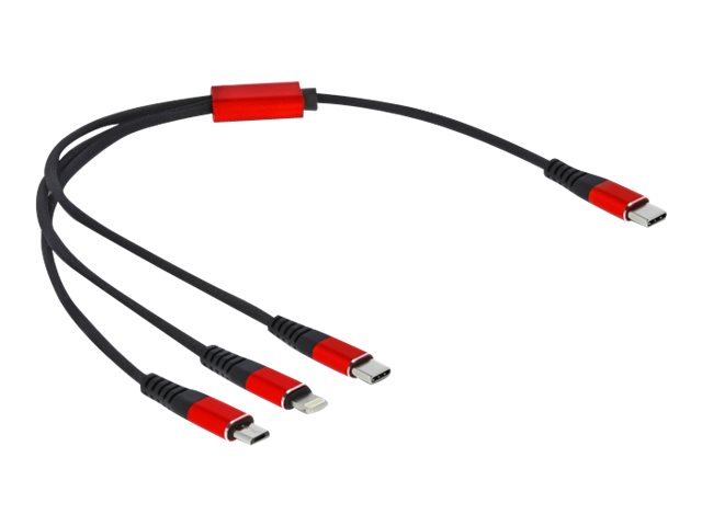 Delock Usb Ladekabel 3 In 1 Usb Type-C Zu Lightning / Micro Usb / Usb Type-C 30 Cm Schwarz / Rot, 0,3 M, Usb C, Usb C/Micro-Usb B/Lightning, Usb 2.0,