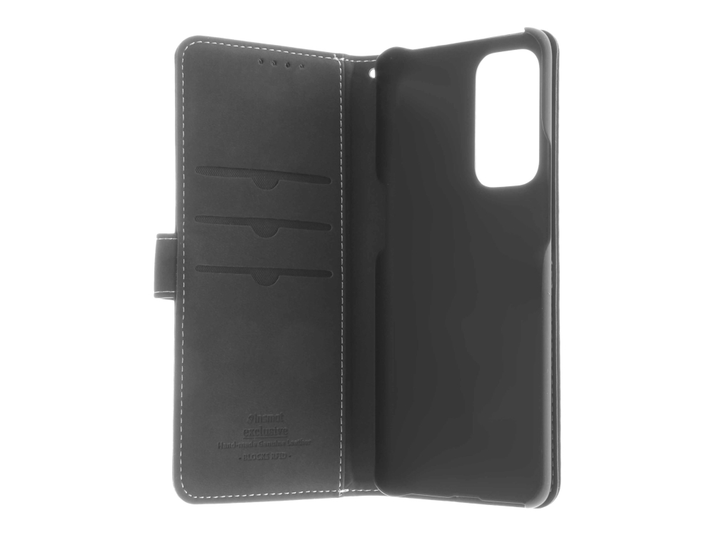 Insmat Exclusive - Vikbart fodral för mobiltelefon - genuint läder, papper, kartong, aluminiumfolie, termoplastisk polyuretan (TPU) - svart - för OnePlus 9